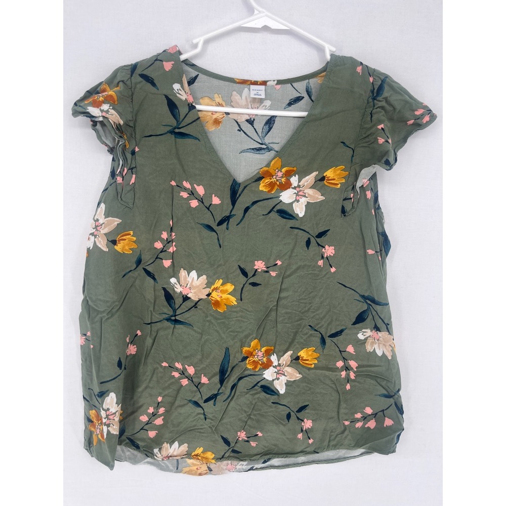 Old Navy Womens Medium Floral V-Neck Flutter Sleeve Blouse Olive Green Rayon Top